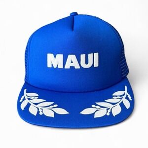 Vintage 90s Blue Leaf Maui Trucker Puff Print Mesh Snapback Hat Cap OSFA